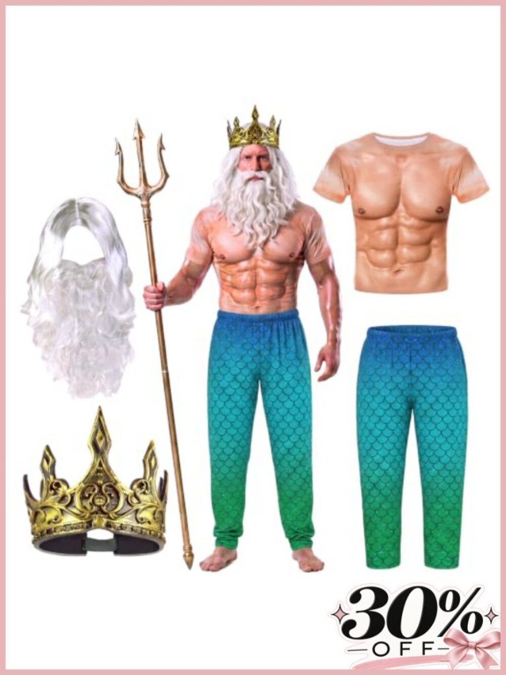 Poseidon Merman Costume 4 Pc Set Muscle Shirt Pants Wig Beard Crown